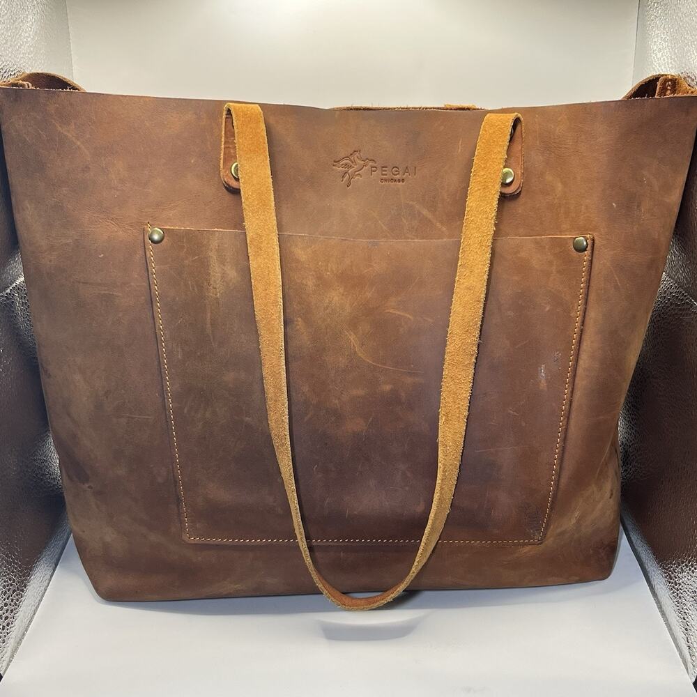 PEGAI Chicago XL Leather Tote Bag Brown Distressed Patina Oversized Carryall EUC